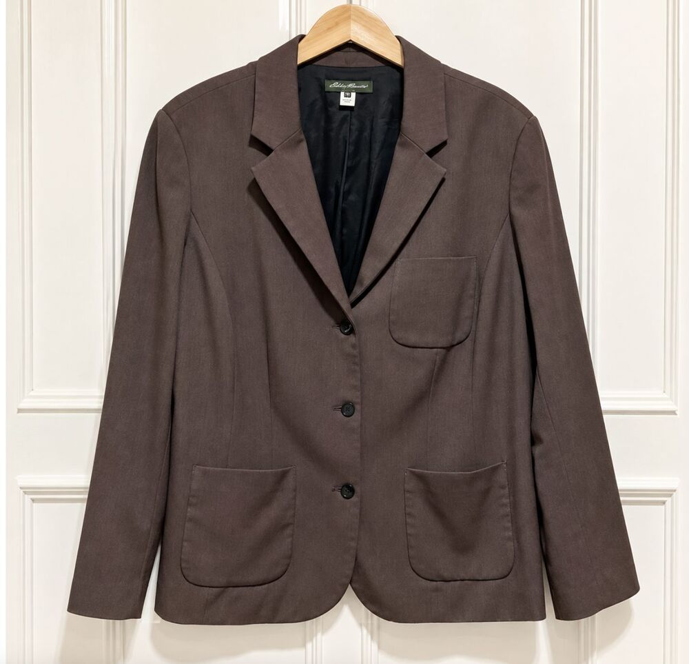 Eddie Bauer Womens 20 Tailored Brown Blazer Button Front Career Office Coat Boho